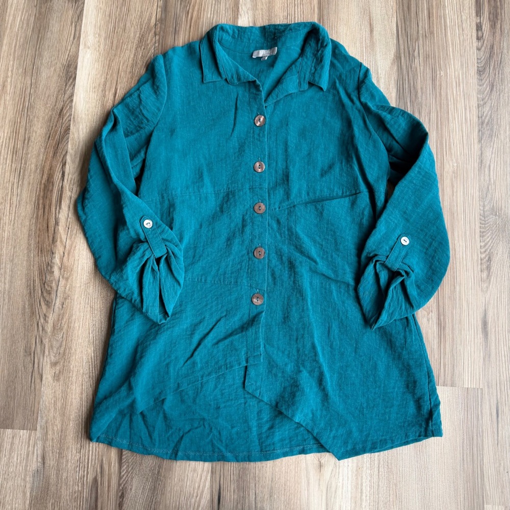 Habitat Clothes to Live In‎ Teal Blue Asymmetrical Button Down Tunic Top S